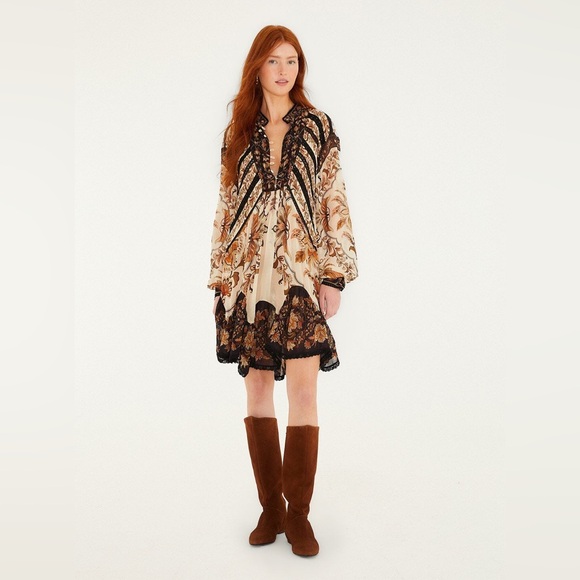 Farm Rio Sand Majestic Garden Lace Long Sleeve Mini Dress - Picture 3 of 8